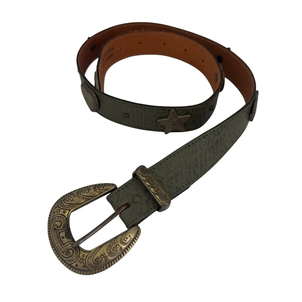VTG Olive Green Leather Western Belt Heart Star Conchos Brass Buckle USA S/M